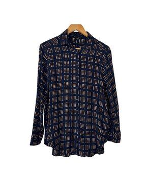 Massimo Dutti Button Down Shirt Women's Size 4 Navy Blue Gold Dots Career Office